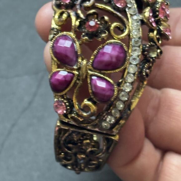 Vintage Mid Century Floral Rhinestone Clamper Bracelet Purple Pink Jewelry - Picture 11 of 16